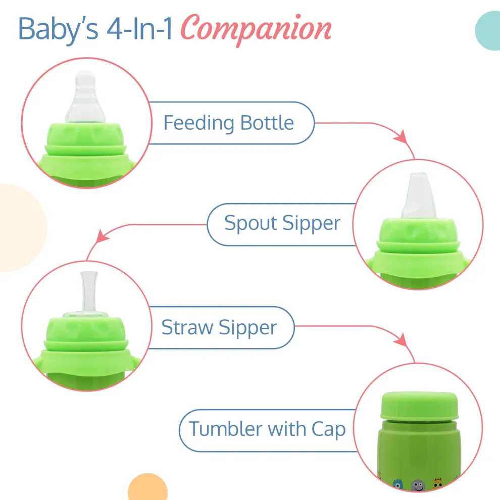 4 in 1 Slim Neck Steel Baby bottle cum Sipper, Green, 240 ml