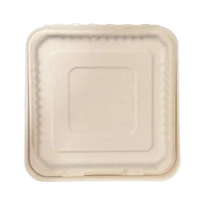 8 x 8 x 3 inches Bagasse 1-Compartment Disposable Hinged Containers 200 Pack Sugarcane Biodegradable Take out Bento Box