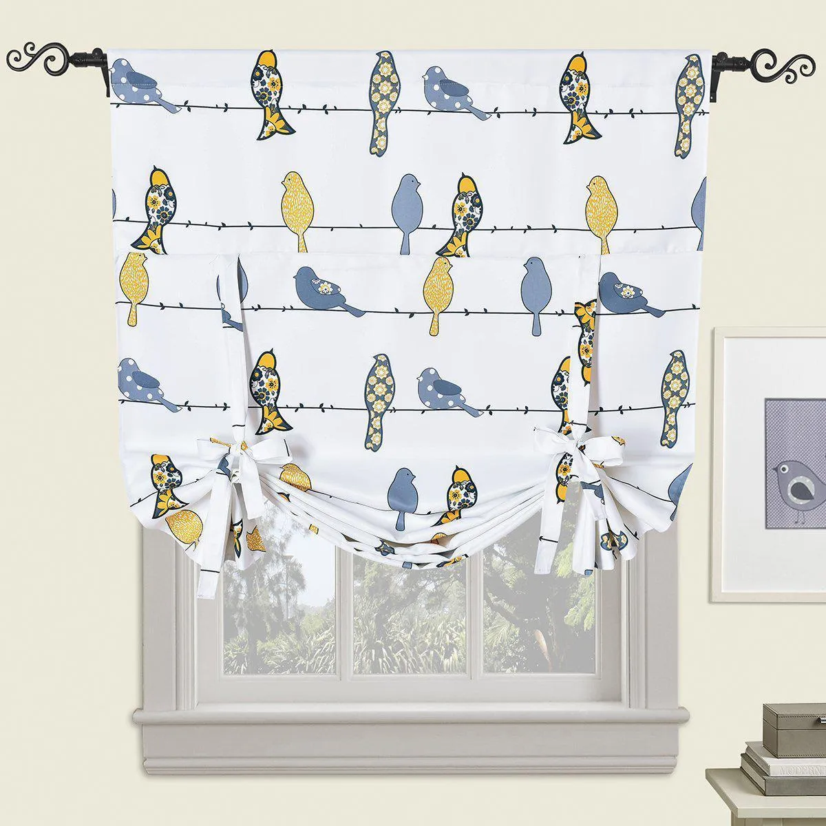 Birds Tie Up Window Curtain Shade ( 46” W X 63" L ) Rod Pocket Room Darkening