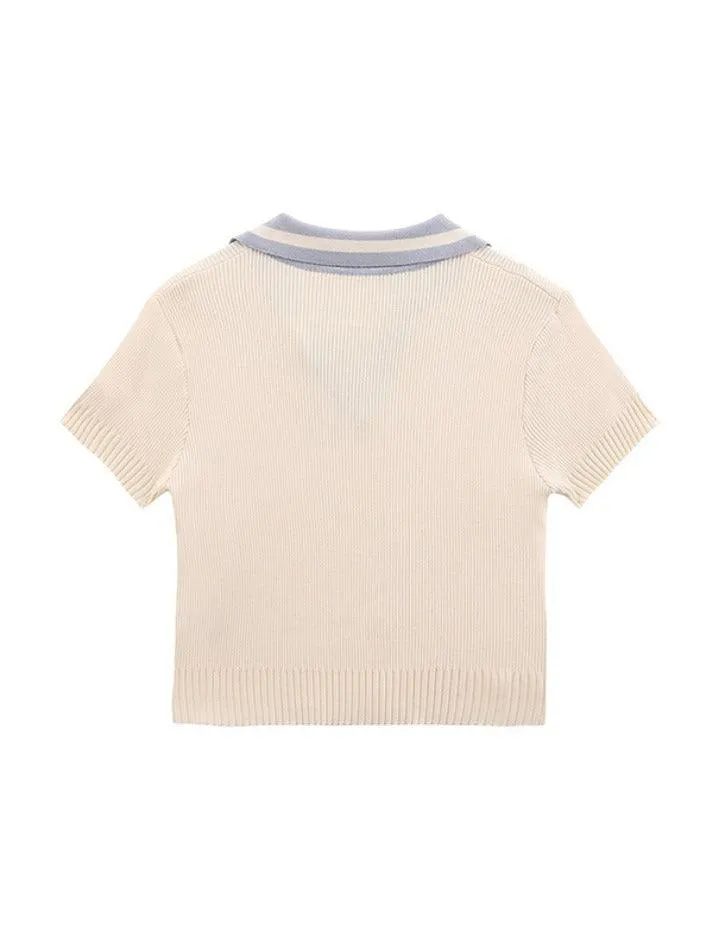 Contrast Color Polo Neck Short Sleeve Knit