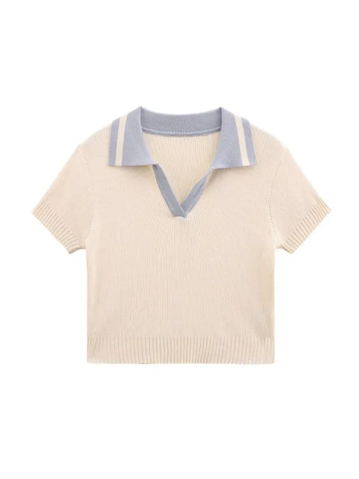 Contrast Color Polo Neck Short Sleeve Knit