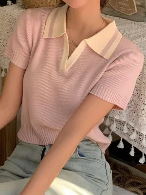 Contrast Color Polo Neck Short Sleeve Knit