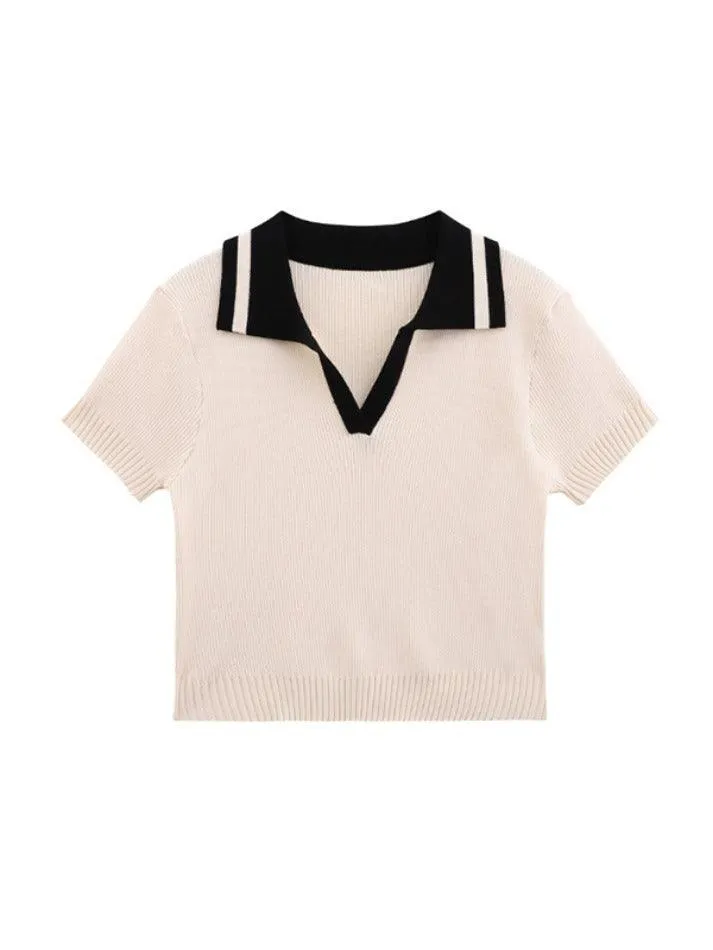 Contrast Color Polo Neck Short Sleeve Knit