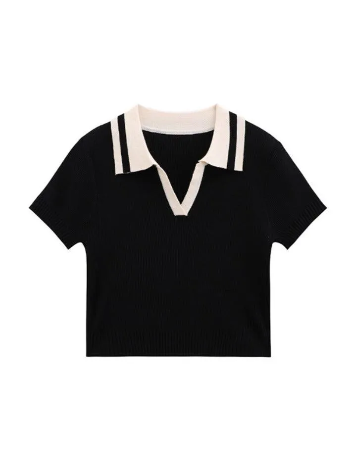 Contrast Color Polo Neck Short Sleeve Knit