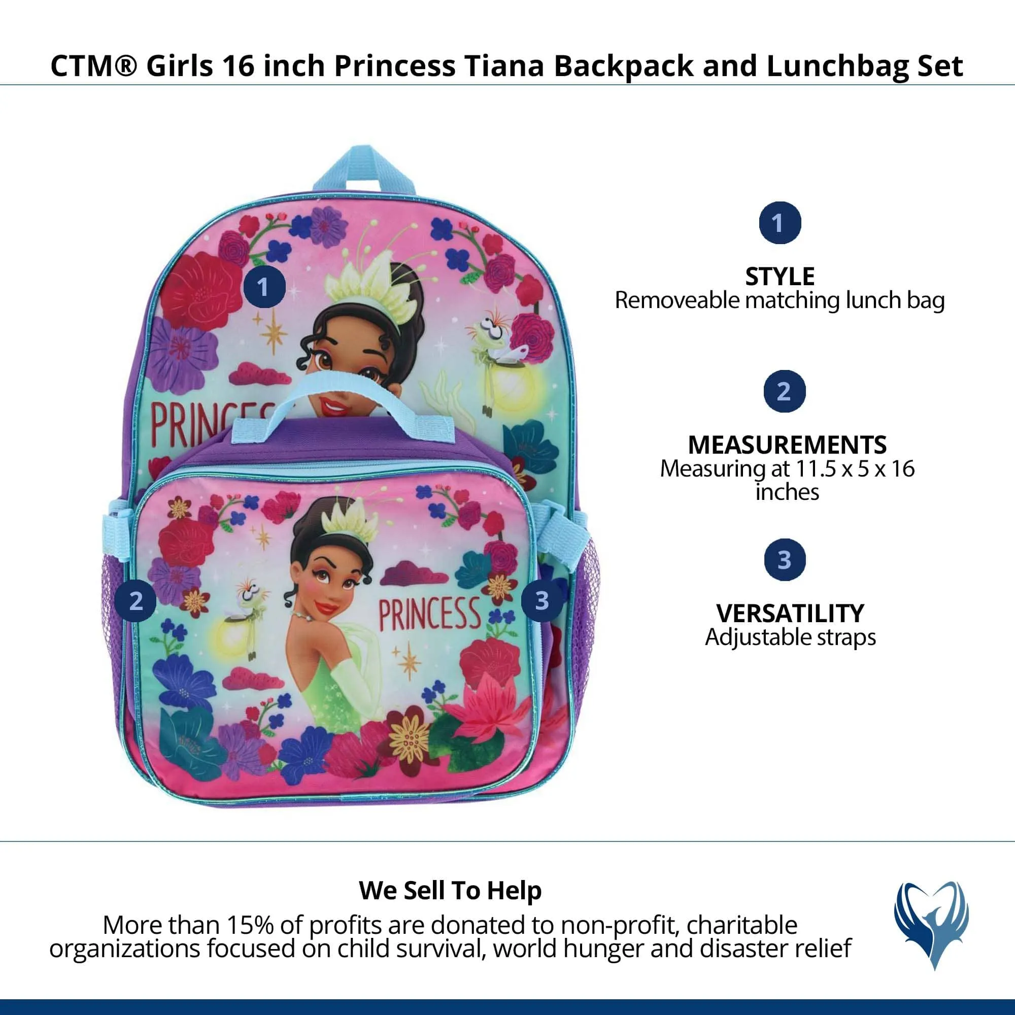 CTM® Girls 16 inch Princess Tiana Backpack and Lunchbag Set