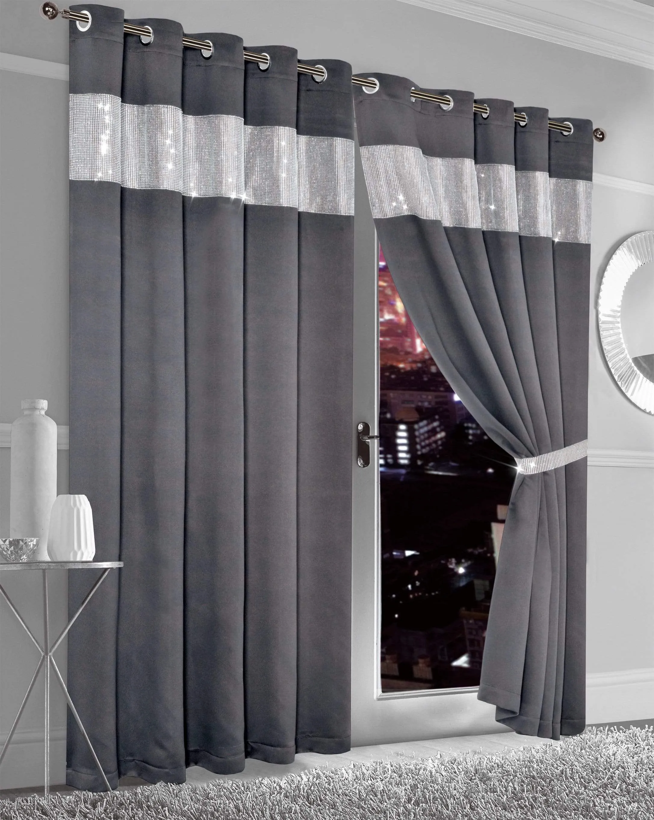 Diamante Blackout Curtains with Glitz Detailing Room Darkening Eyelet Ring Top Thermal Insulation Multiple Colors and Sizes by OLIVIA ROCCO