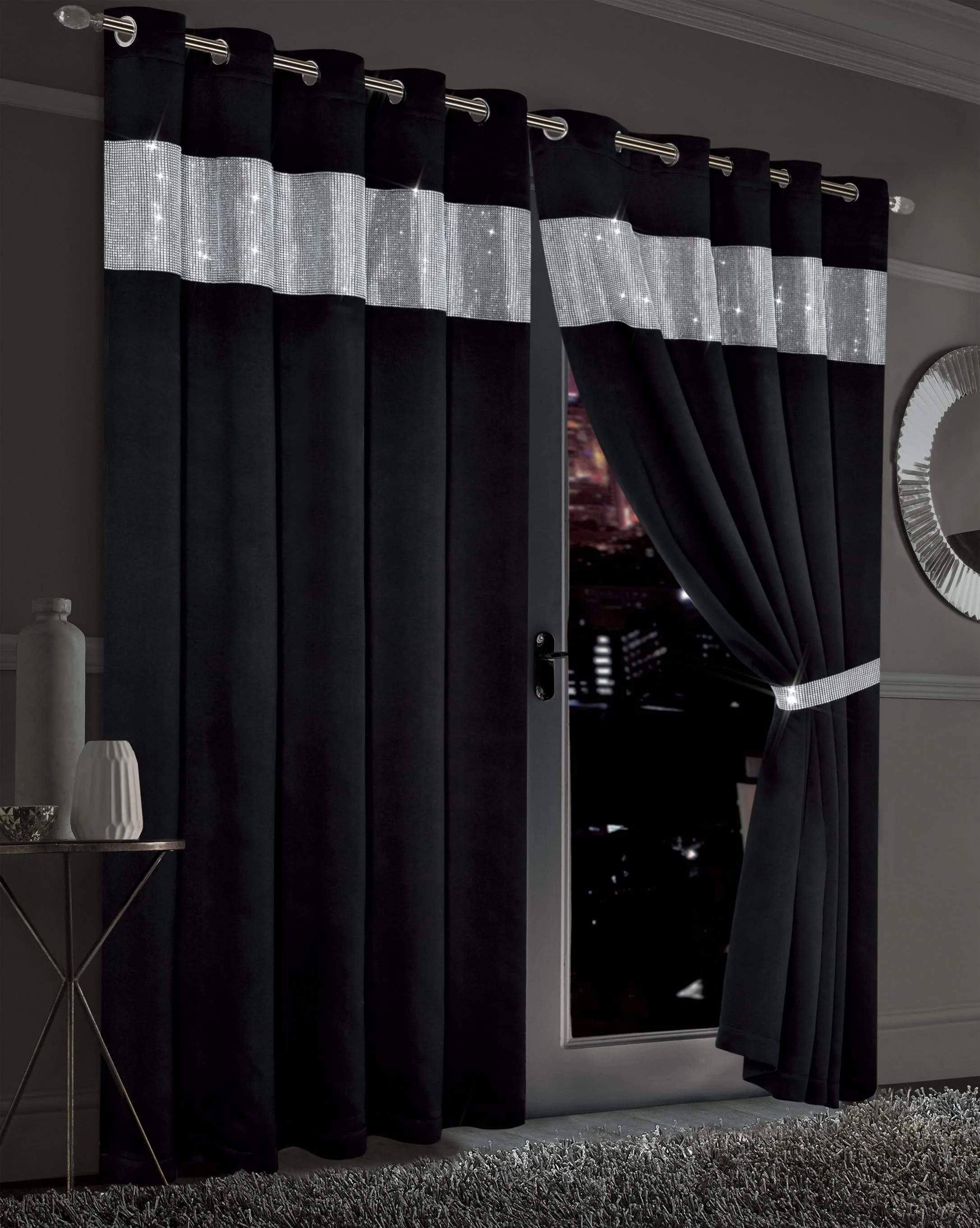 Diamante Blackout Curtains with Glitz Detailing Room Darkening Eyelet Ring Top Thermal Insulation Multiple Colors and Sizes by OLIVIA ROCCO