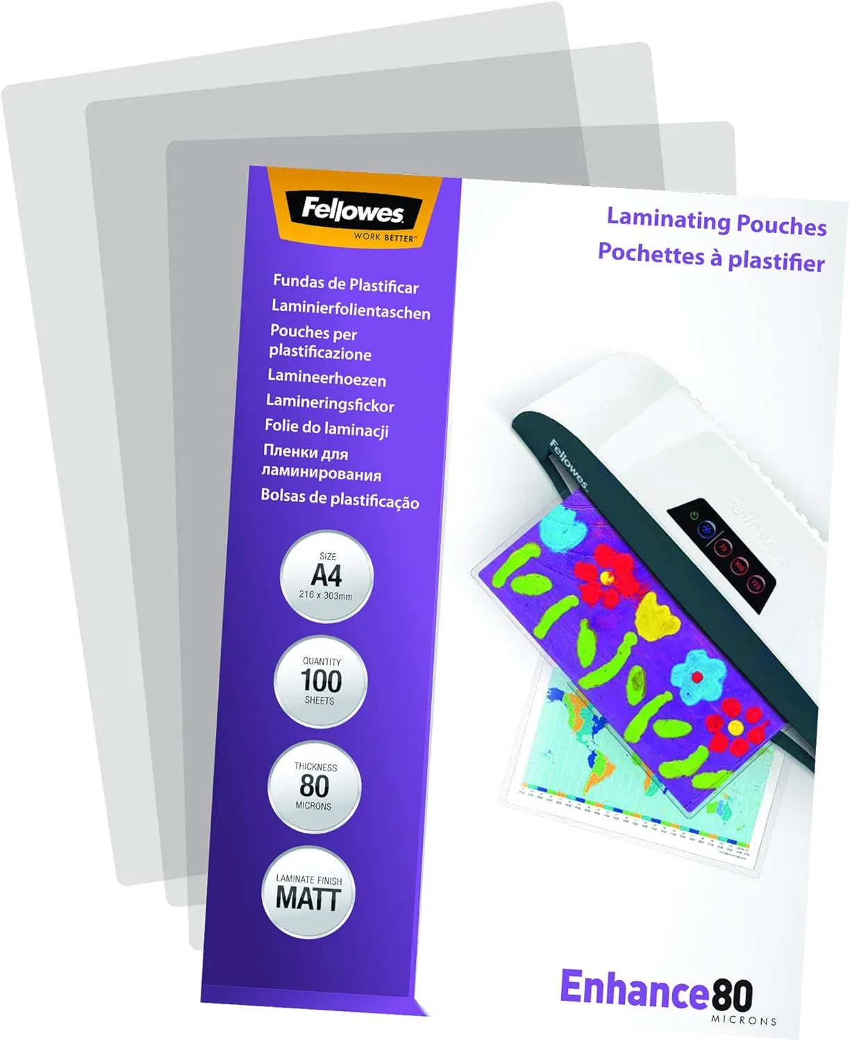 Fellowes A4 Laminating Pouches, Matt Finish, 100 Sheets, 160 Micron (2 X 80 Micron) High Quality Finish, Ideal for Photos and Notices