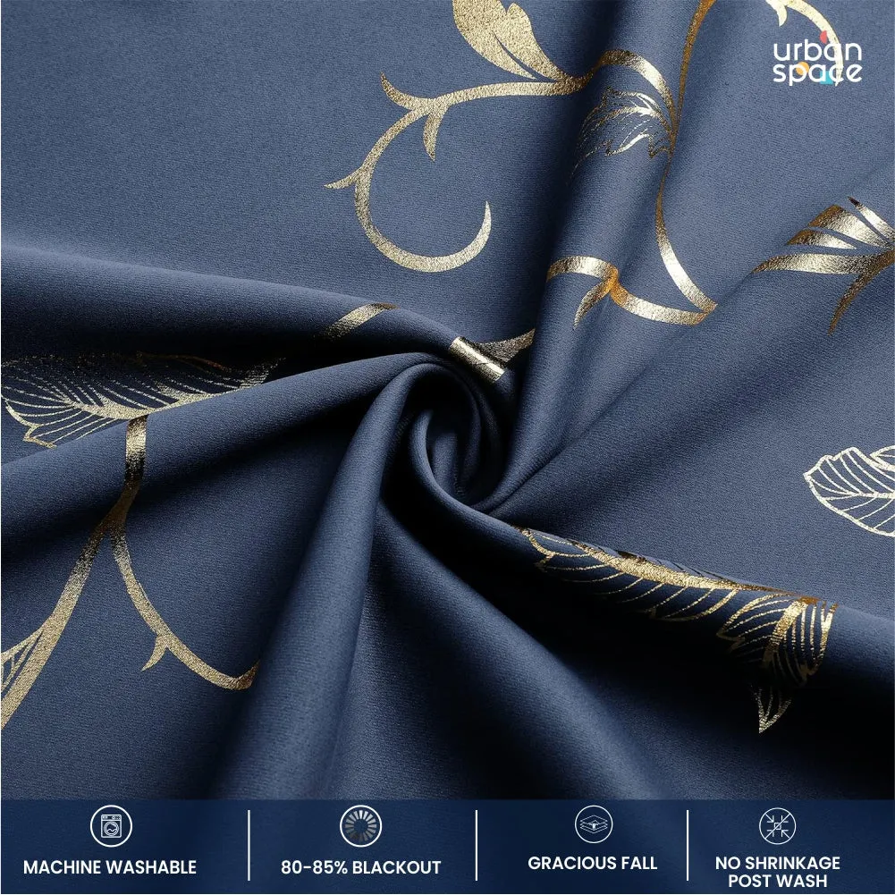 Gold Foil Printed 80-85% Blackout Curtains - Pack of 1 Curtain - Vine- Navy Blue