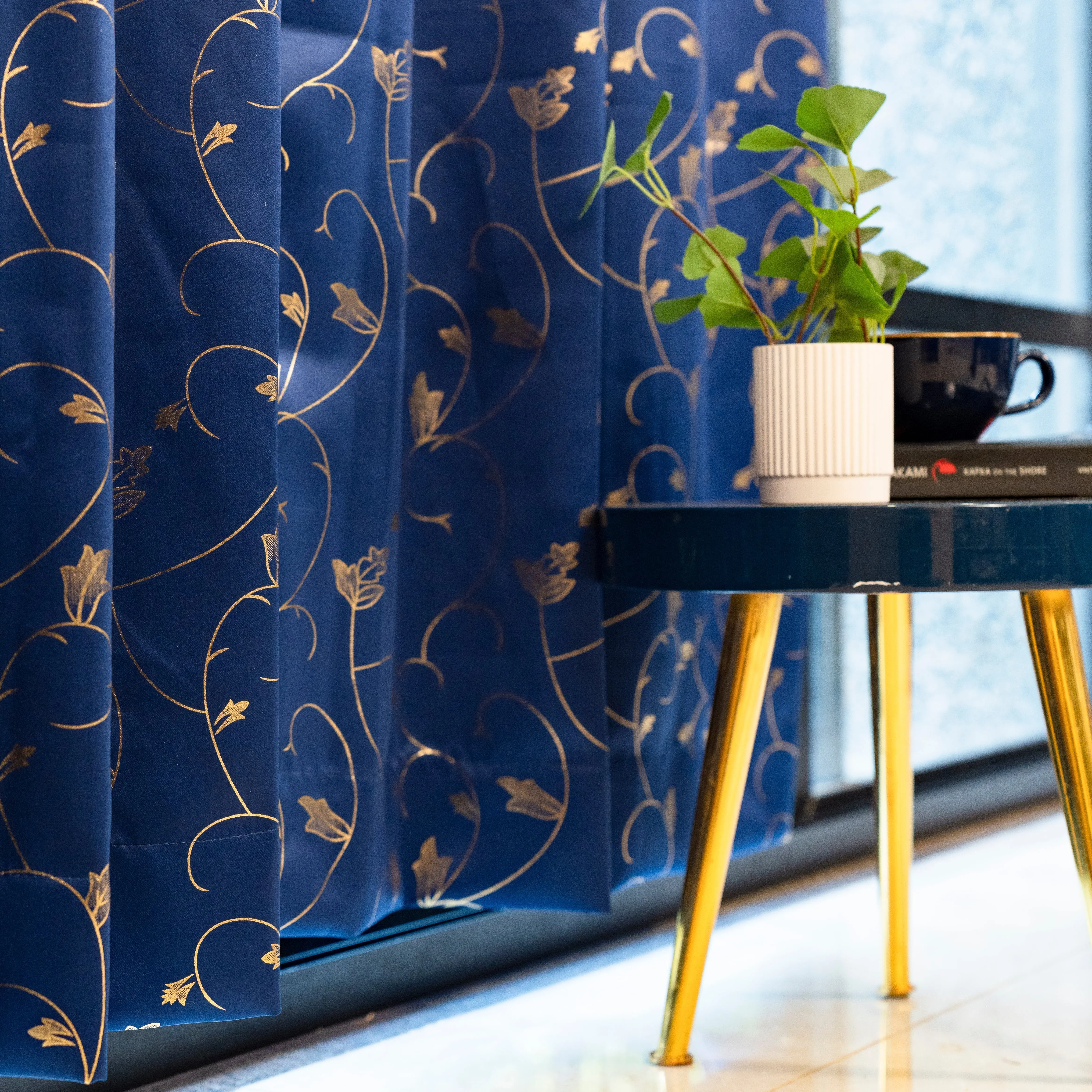 Gold Foil Printed 80-85% Blackout Curtains - Pack of 1 Curtain - Vine- Navy Blue