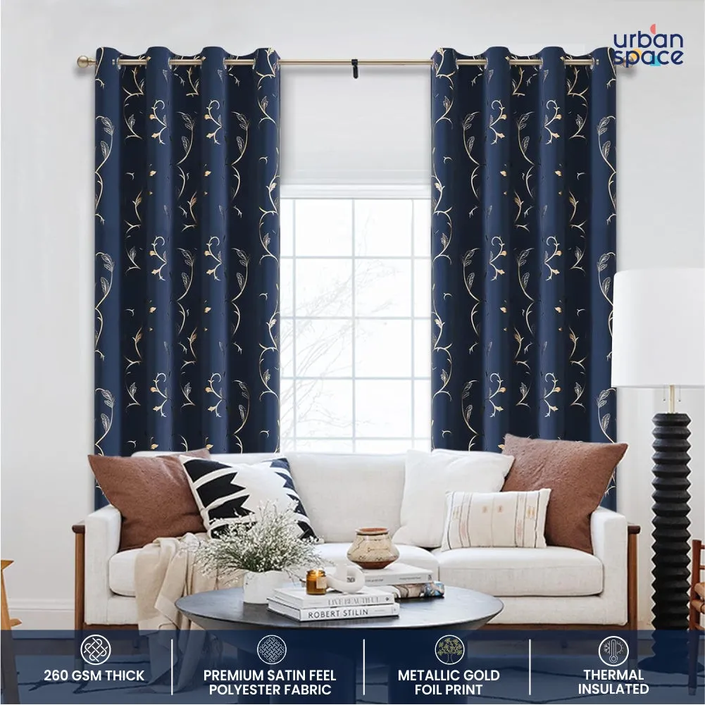 Gold Foil Printed 80-85% Blackout Curtains - Pack of 1 Curtain - Vine- Navy Blue