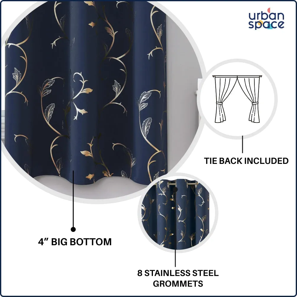 Gold Foil Printed 80-85% Blackout Curtains - Pack of 1 Curtain - Vine- Navy Blue