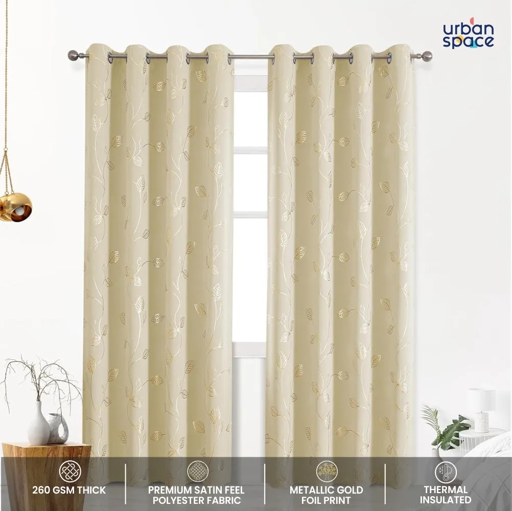 Gold Foil Printed 80-85% Blackout Curtains - Pack of 1 - Leaf- Beige