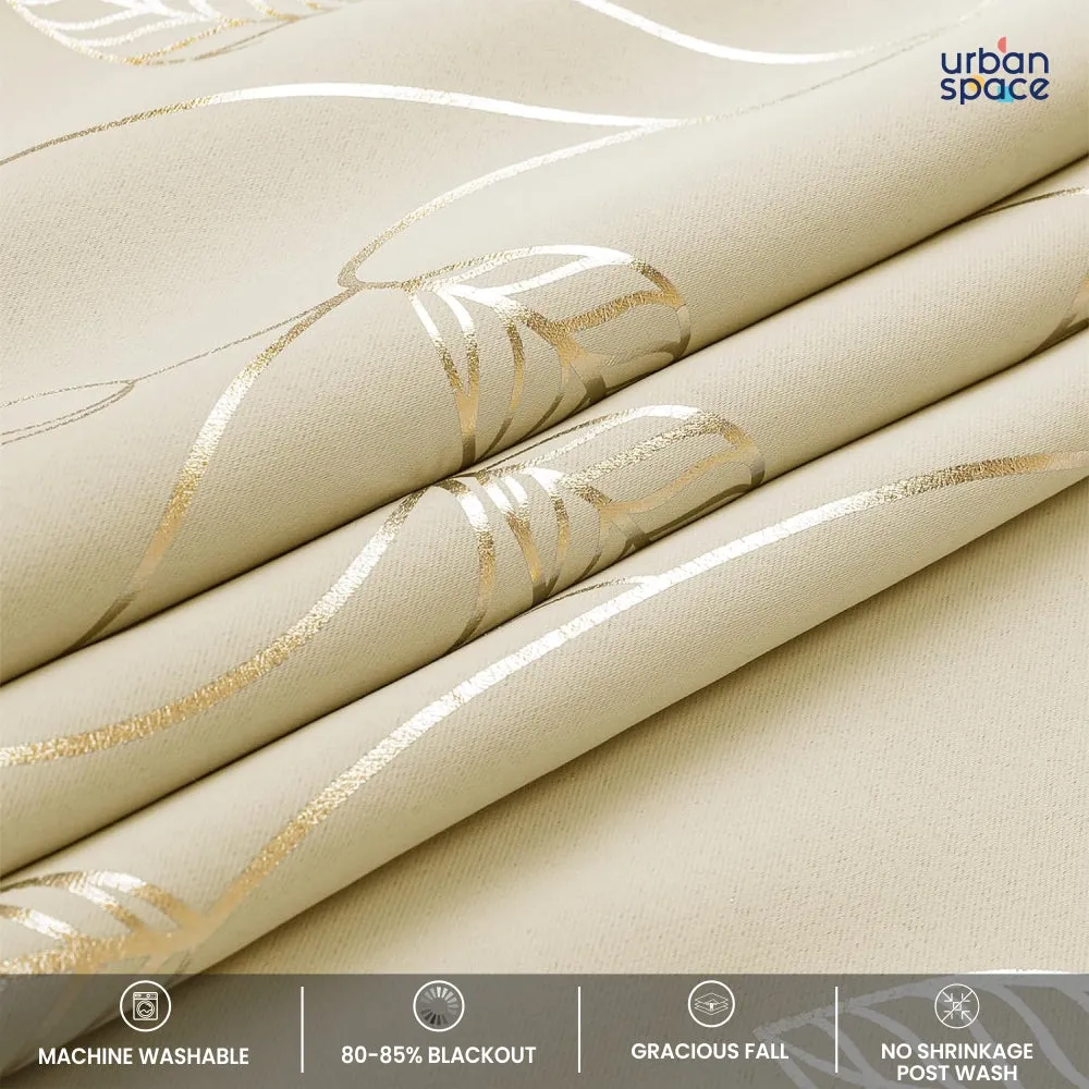 Gold Foil Printed 80-85% Blackout Curtains - Pack of 1 - Leaf- Beige