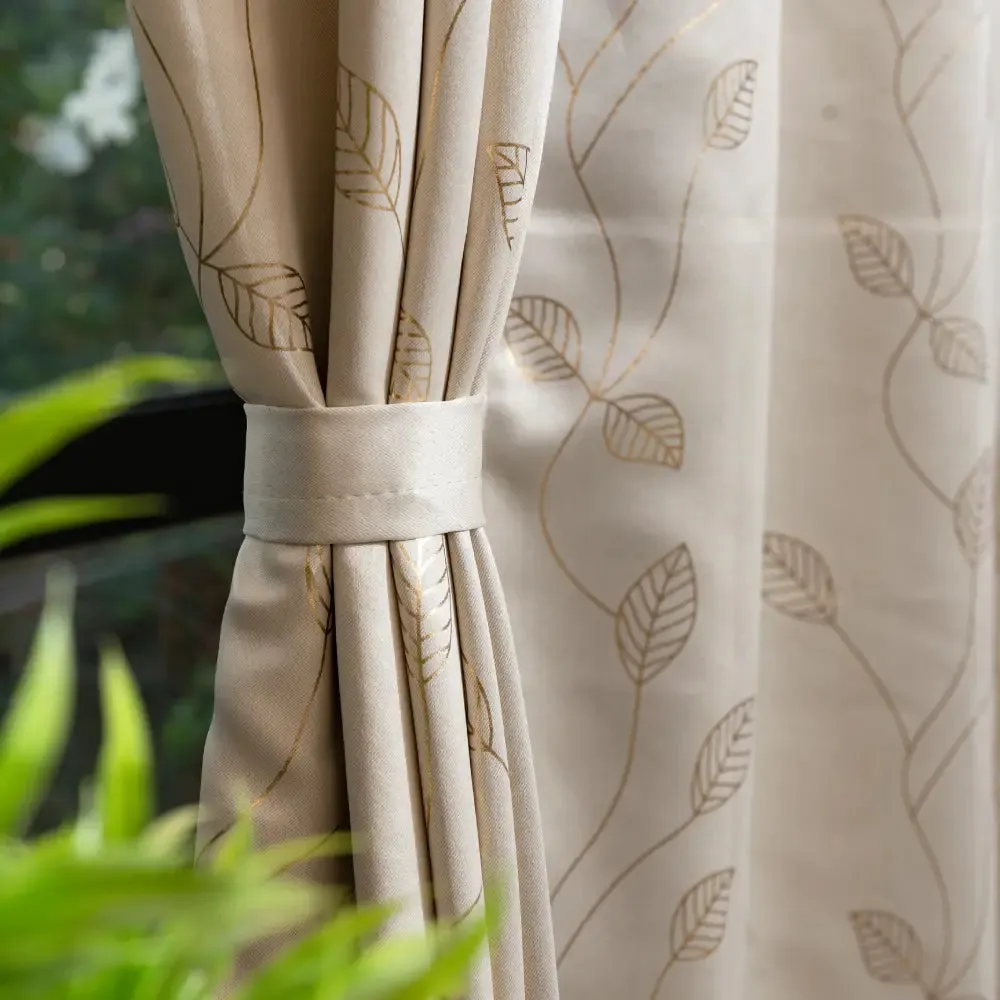 Gold Foil Printed 80-85% Blackout Curtains - Pack of 1 - Leaf- Beige