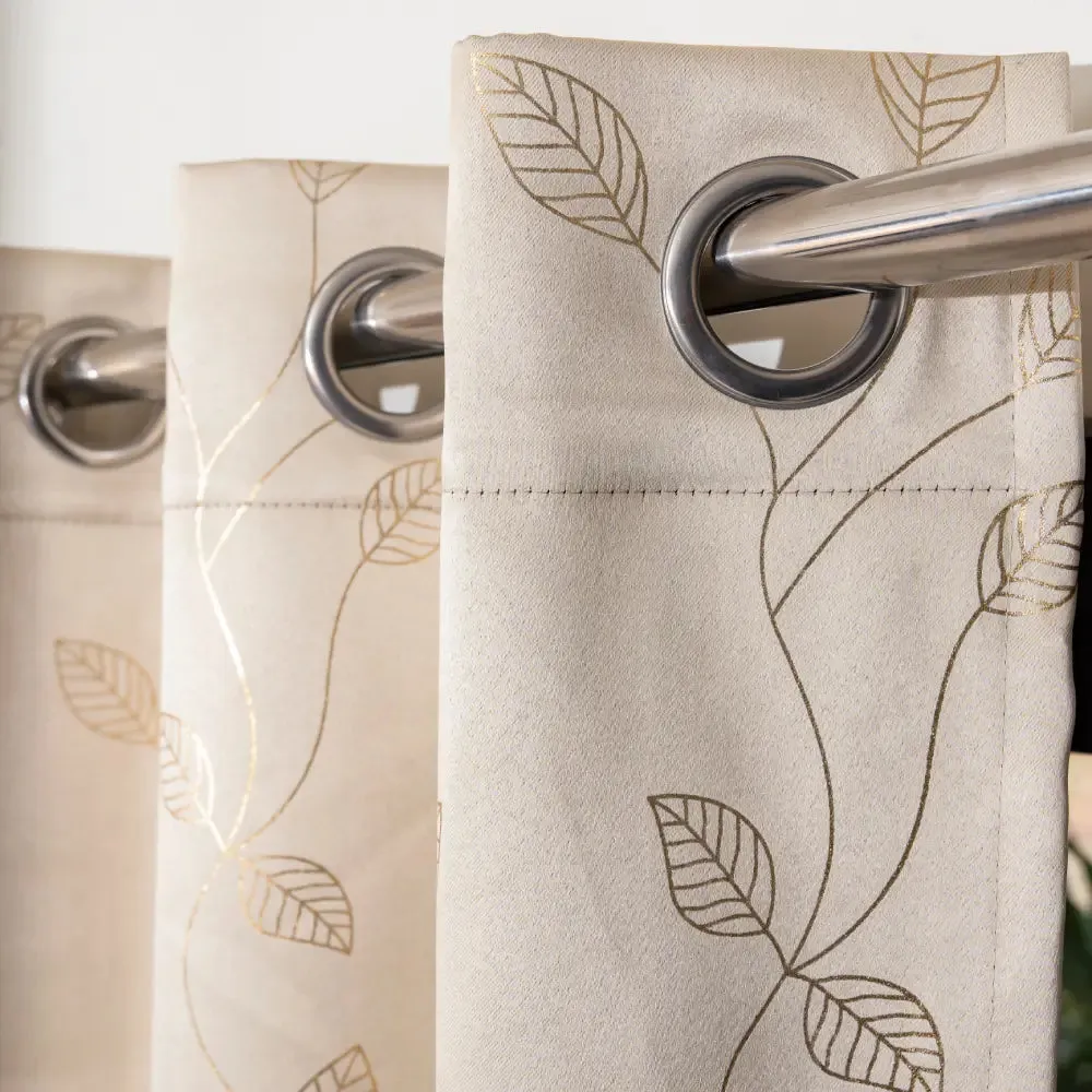 Gold Foil Printed 80-85% Blackout Curtains - Pack of 1 - Leaf- Beige