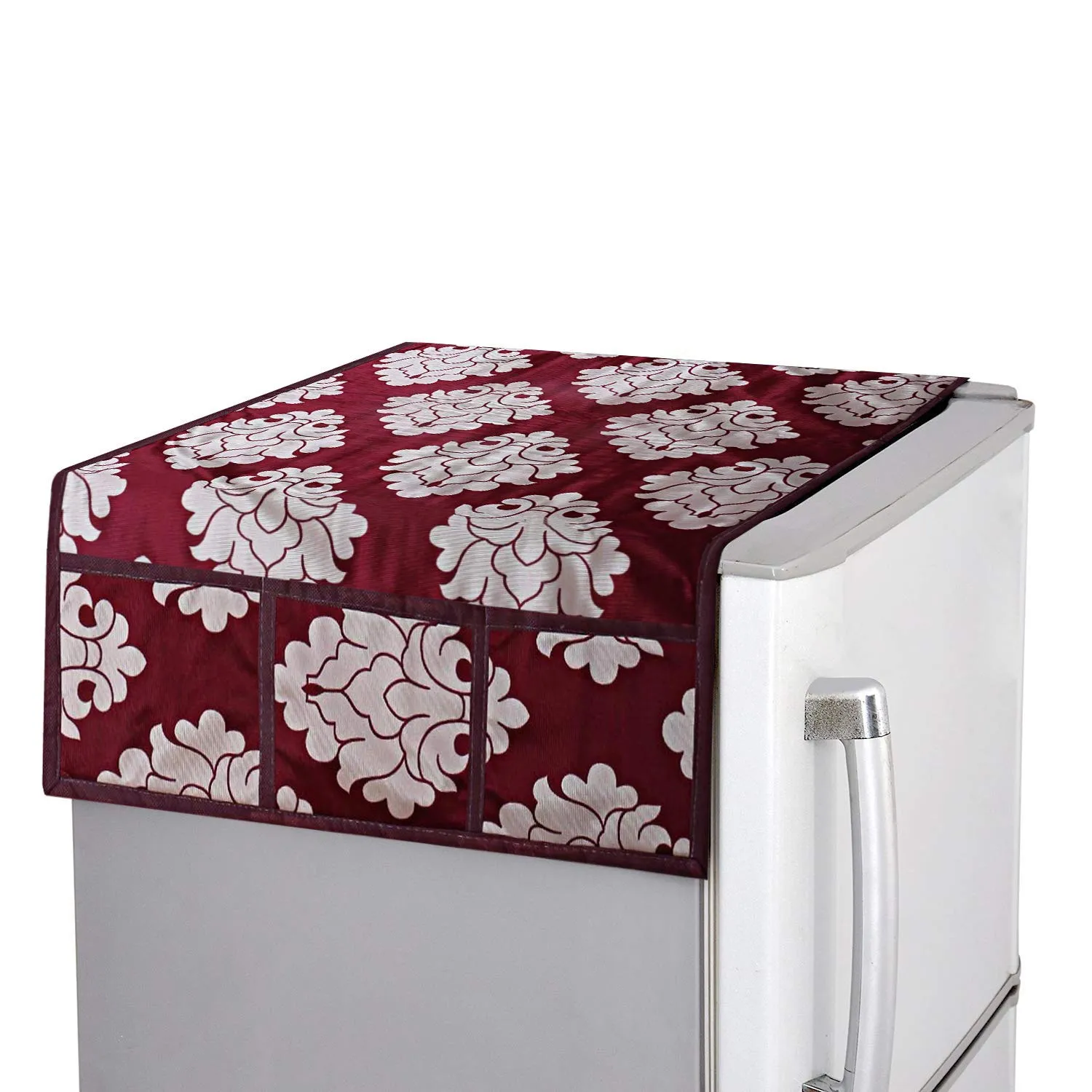 Kuber Industries Fridge Appliance Set|Flower Design & PVC Material|3 Pieces Fridge Mats|1 Piece Fridge Top Cover, Set of 1 (Maroon)-CTKTC33659, Polyvinyl Chloride