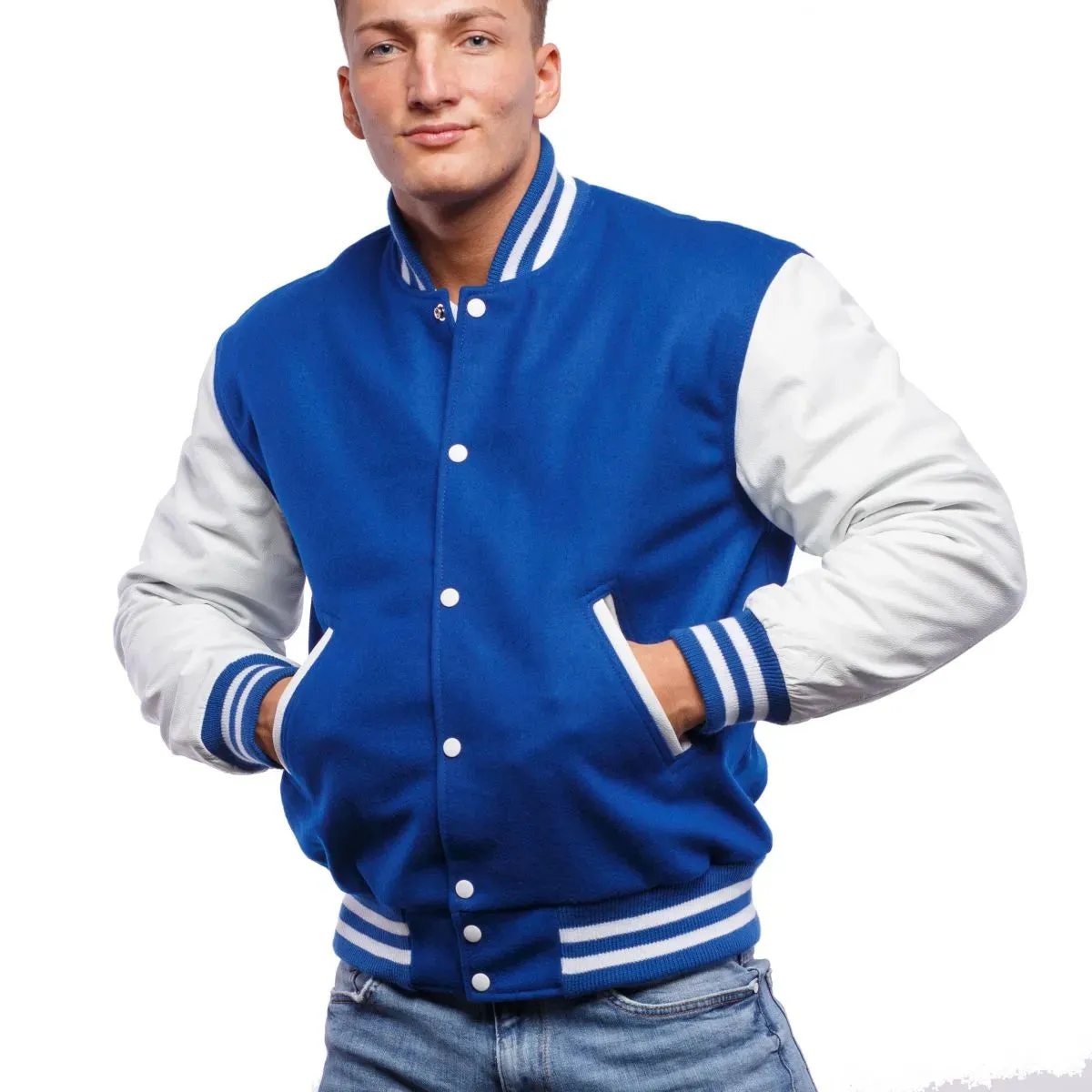 Mens Blue And White Leather Varsity Jacket