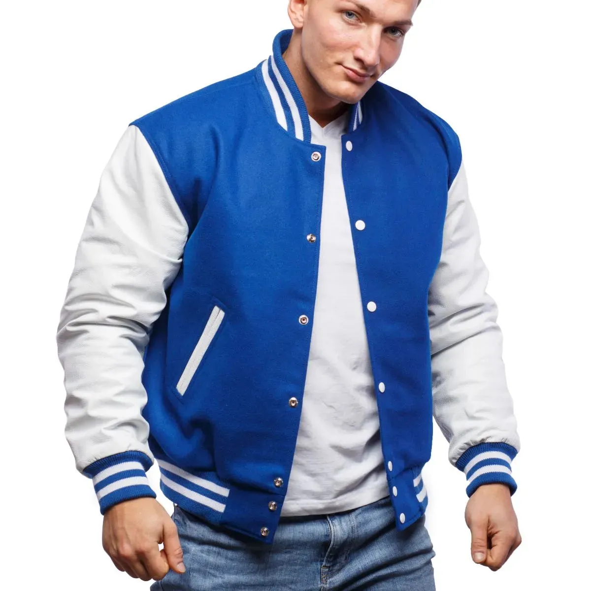 Mens Blue And White Leather Varsity Jacket