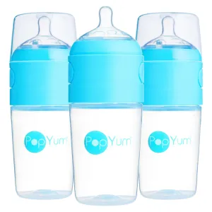 PopYum 9oz Blue Anti-Colic Baby Bottle, 3-Pack