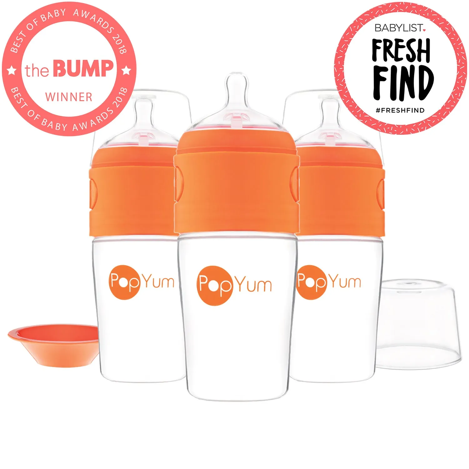 PopYum 9oz Orange Anti-Colic Baby Bottle, 3-Pack