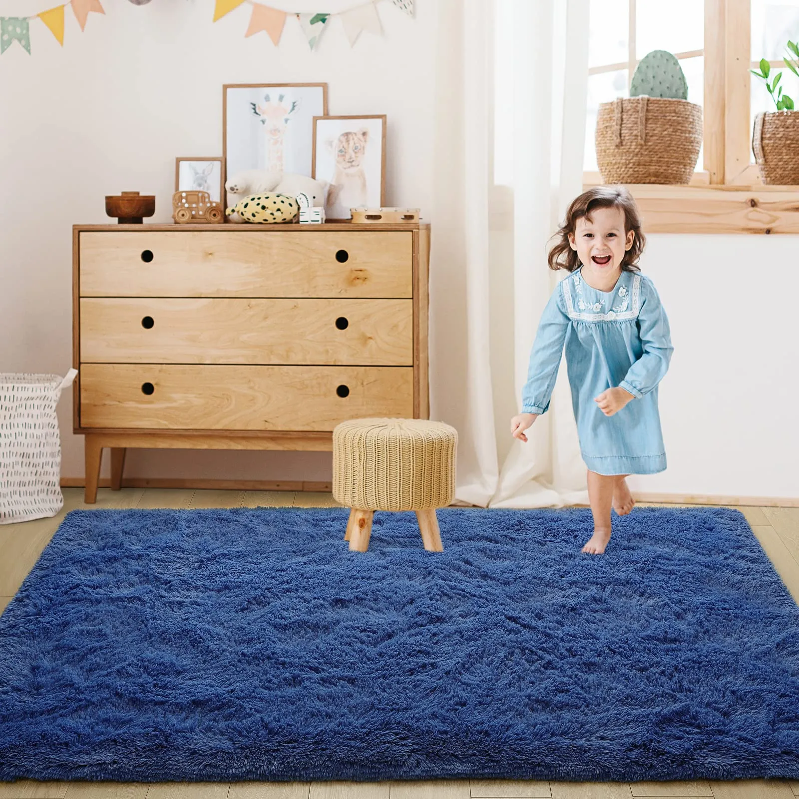 Prabia Super Soft Fluffy Shaggy Rugs for Living Room Bedroom, Fuzzy Plush Area Rugs for Girls Kids Room Nursery Home Decor, Furry Dorm Rug Cute Non-Slip Indoor Floor Carpet 5x8 Feet, Navy Blue