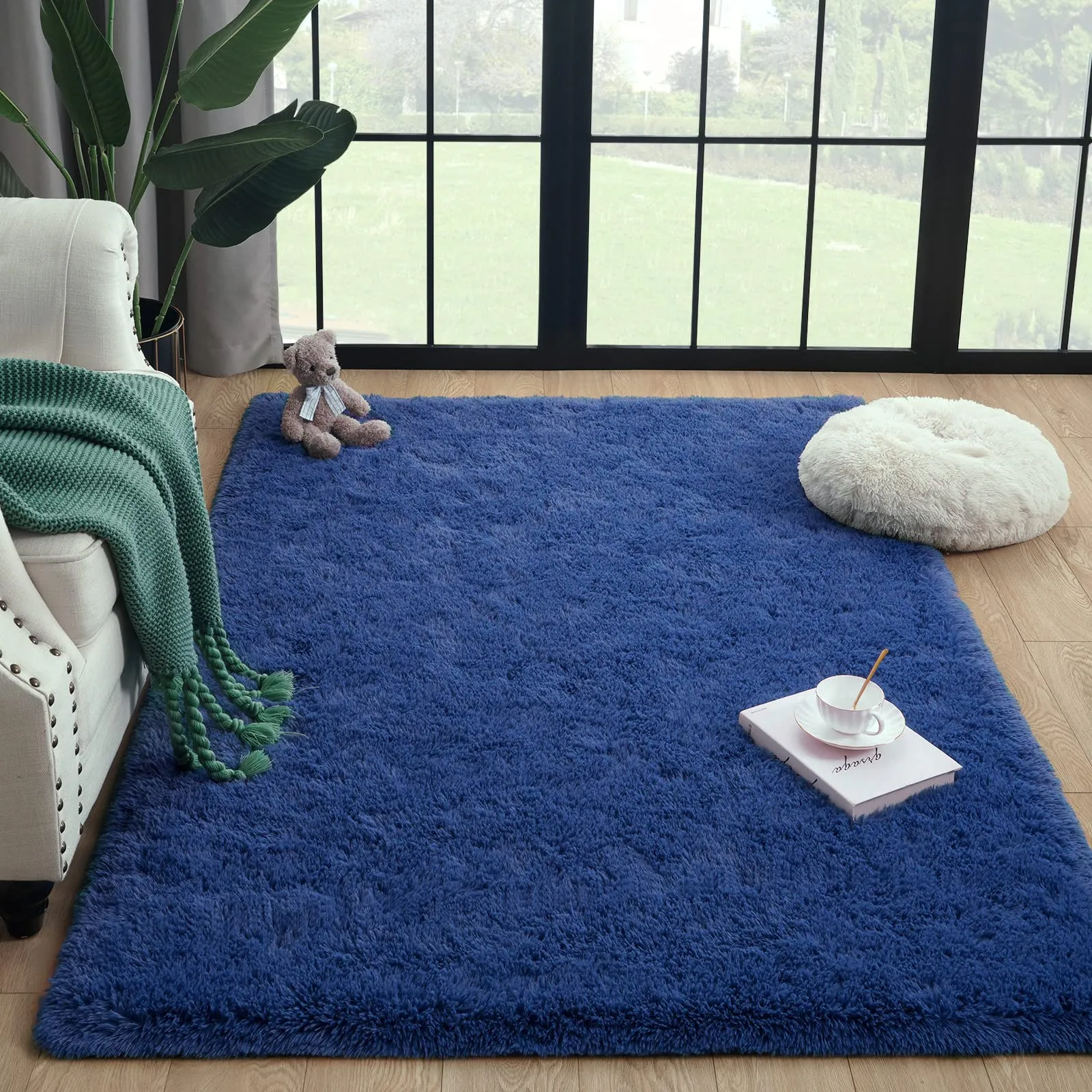 Prabia Super Soft Fluffy Shaggy Rugs for Living Room Bedroom, Fuzzy Plush Area Rugs for Girls Kids Room Nursery Home Decor, Furry Dorm Rug Cute Non-Slip Indoor Floor Carpet 5x8 Feet, Navy Blue