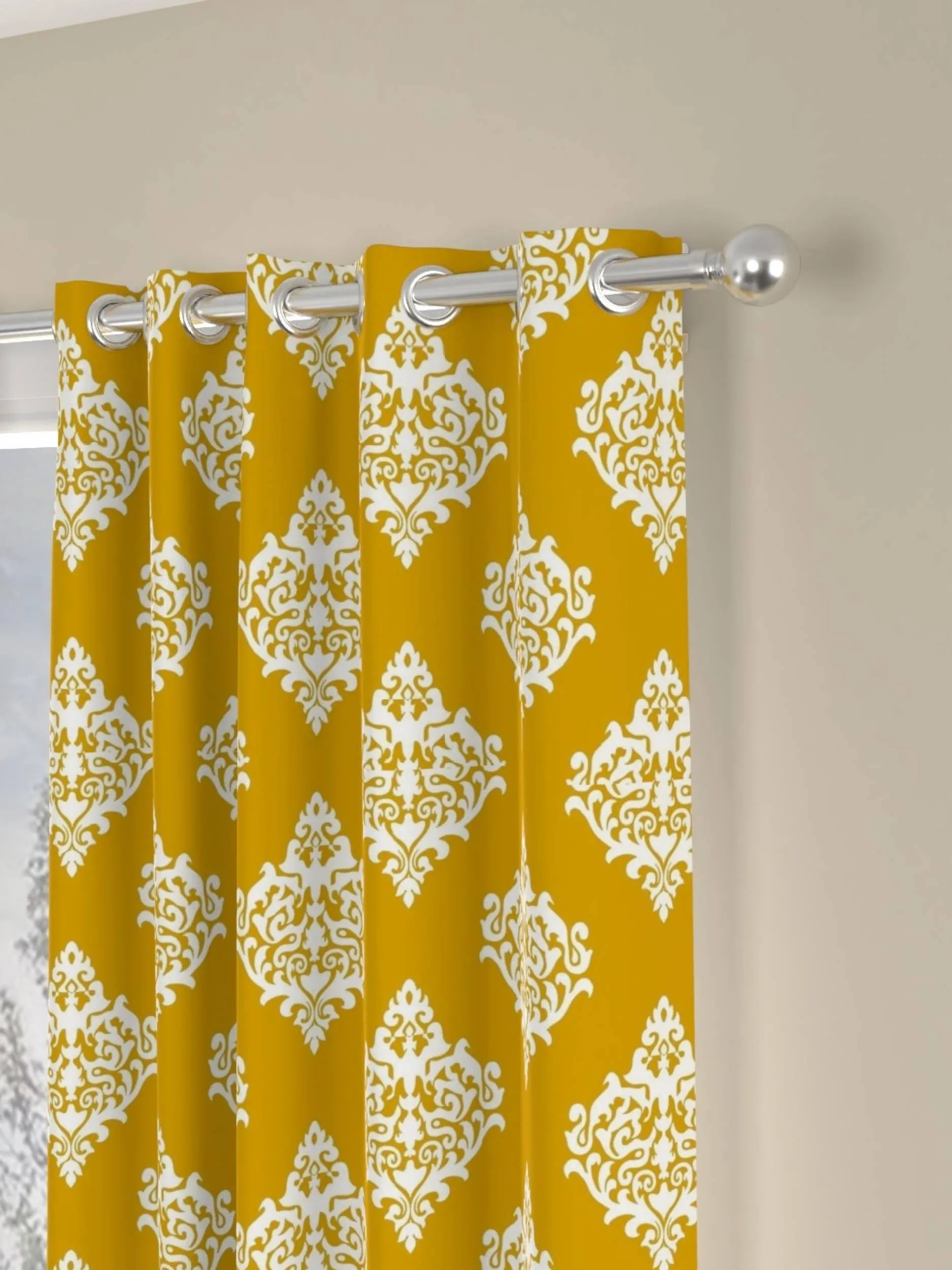 Premium Cotton Curtains - 100% Cotton Curtains, Pack of 2 Curtains, Mustard Motif