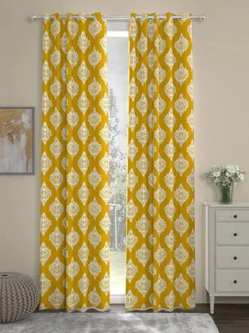 Premium Cotton Curtains - 100% Cotton Curtains, Pack of 2 Curtains, Mustard Motif