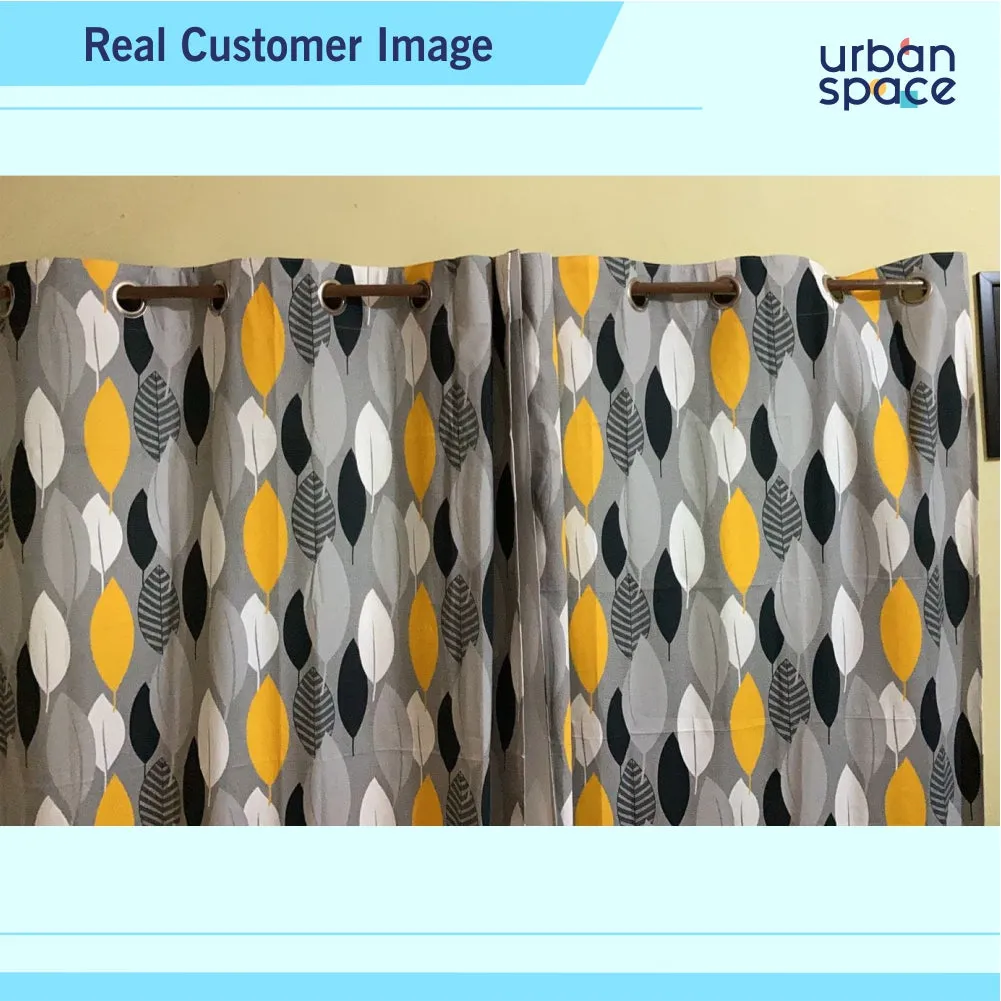 Premium Cotton Curtains for Living Room, Bedroom - 100% Cotton Curtains, Pack of 2 Curtains,  Leaf Grey mustard