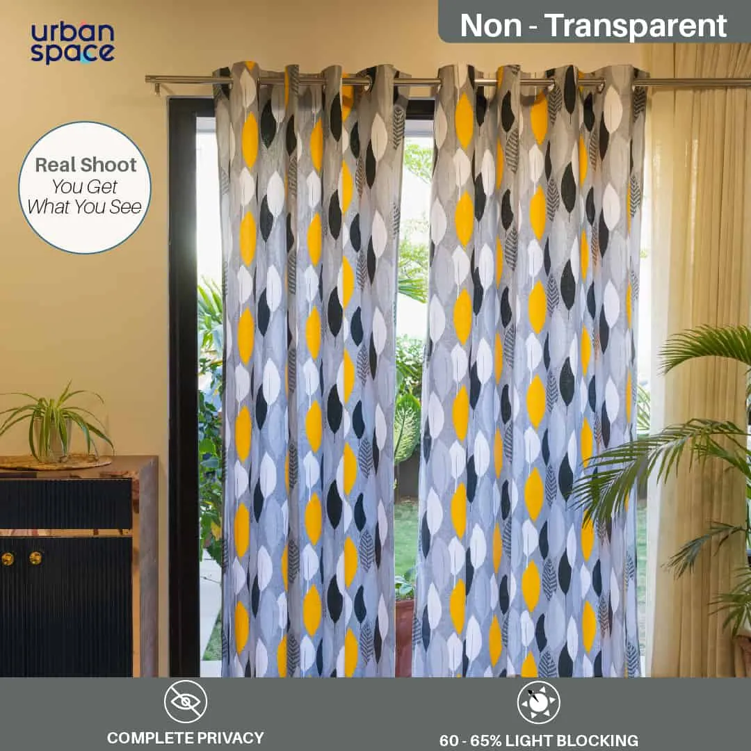 Premium Cotton Curtains for Living Room, Bedroom - 100% Cotton Curtains, Pack of 2 Curtains,  Leaf Grey mustard