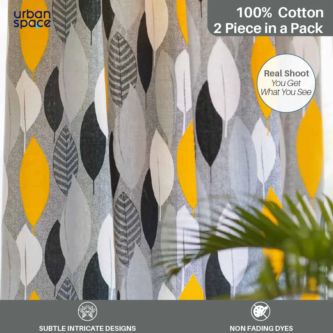 Premium Cotton Curtains for Living Room, Bedroom - 100% Cotton Curtains, Pack of 2 Curtains,  Leaf Grey mustard