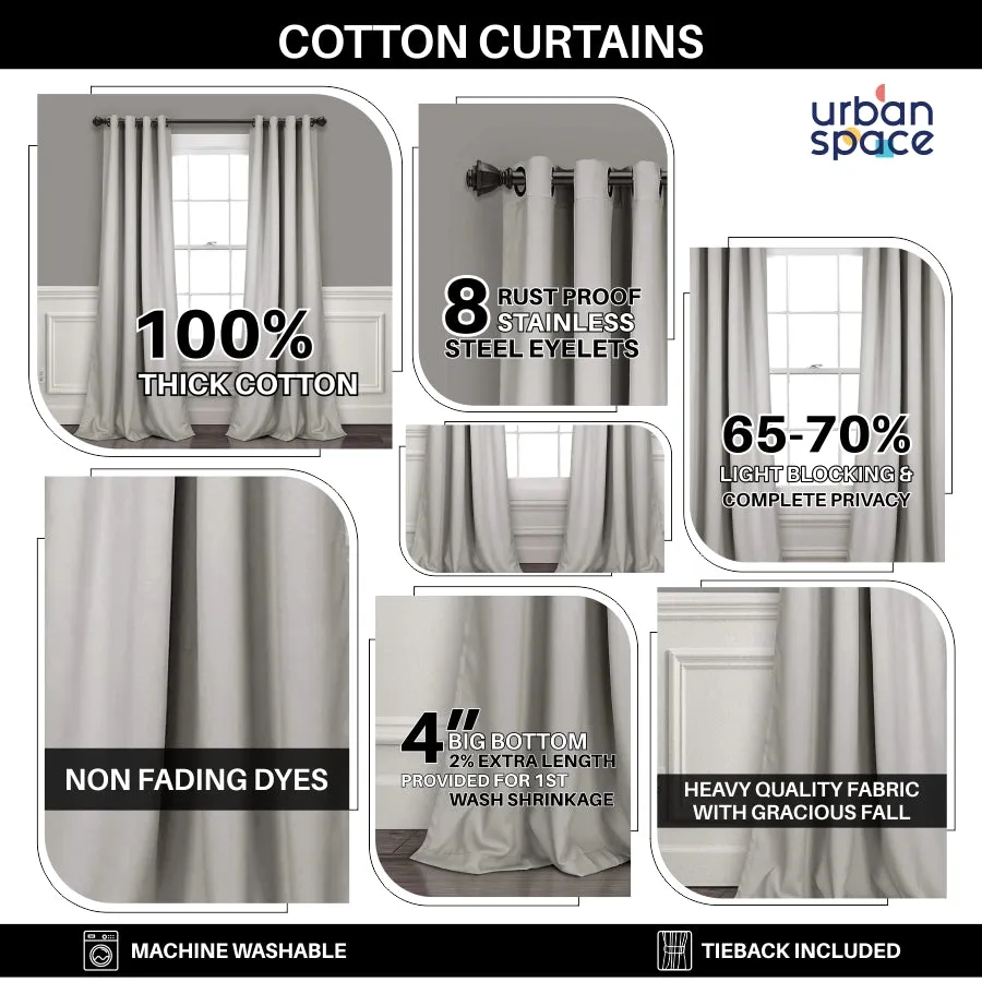 Premium Cotton Curtains for Living Room, Bedroom - 100% Cotton Curtains, Pack of 2 Curtains,  Leaf Grey mustard