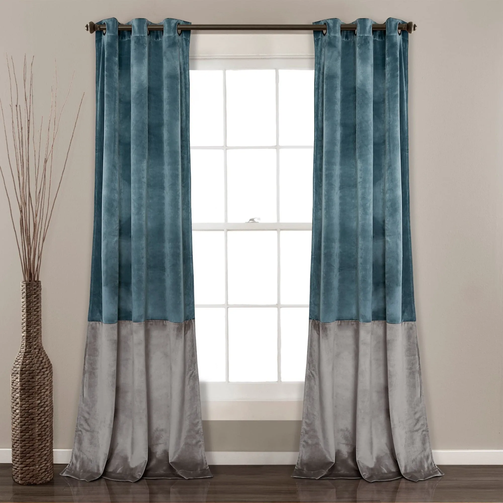 Prima Velvet Color Block Room Darkening Window Curtain Panel Set