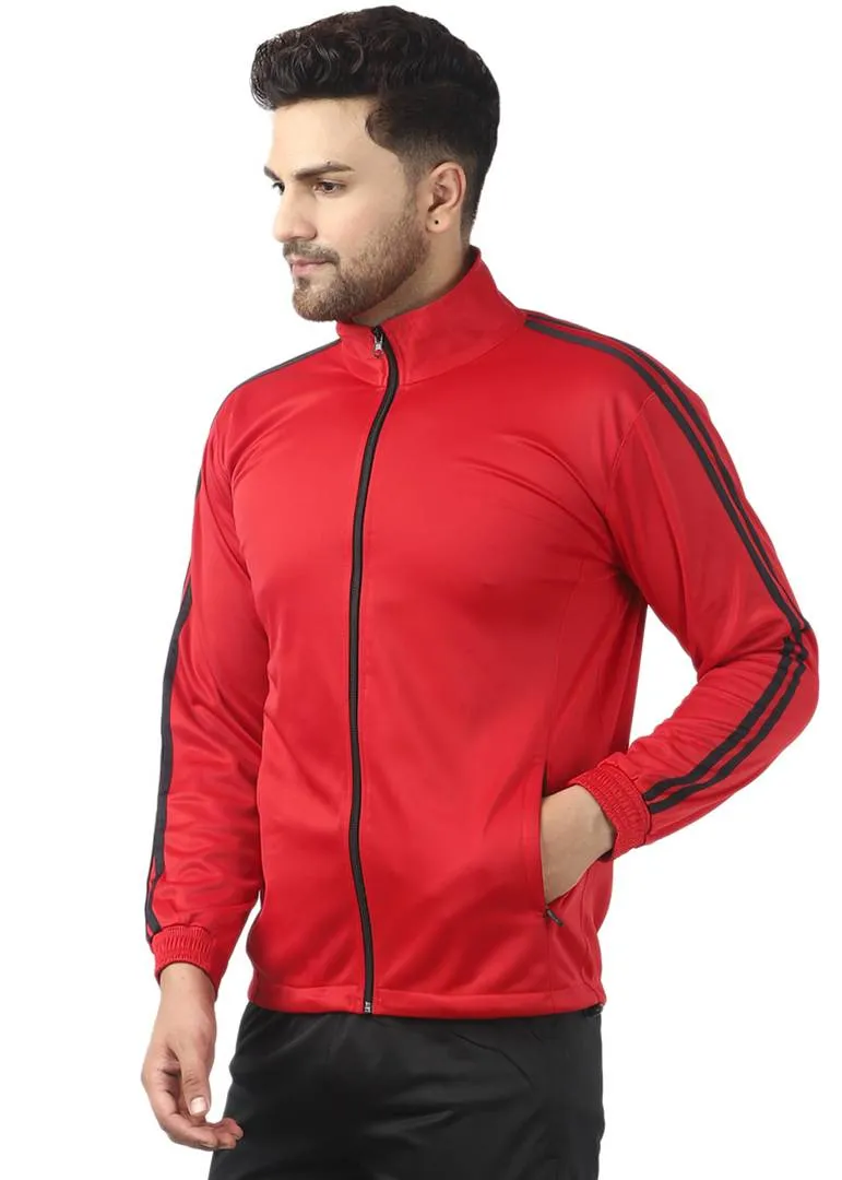 Stunning Red Polyester Self Pattern Sporty Jacket For Men