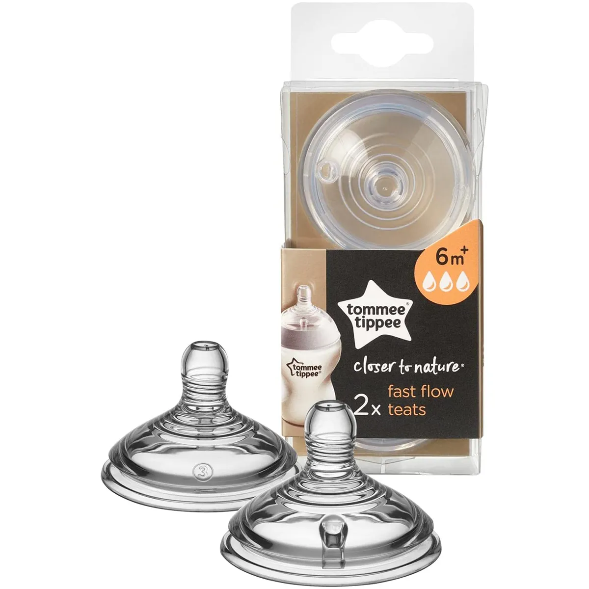 Tommee Tippee Closer to Nature Teats, Fast Flow x 2 (Clear)