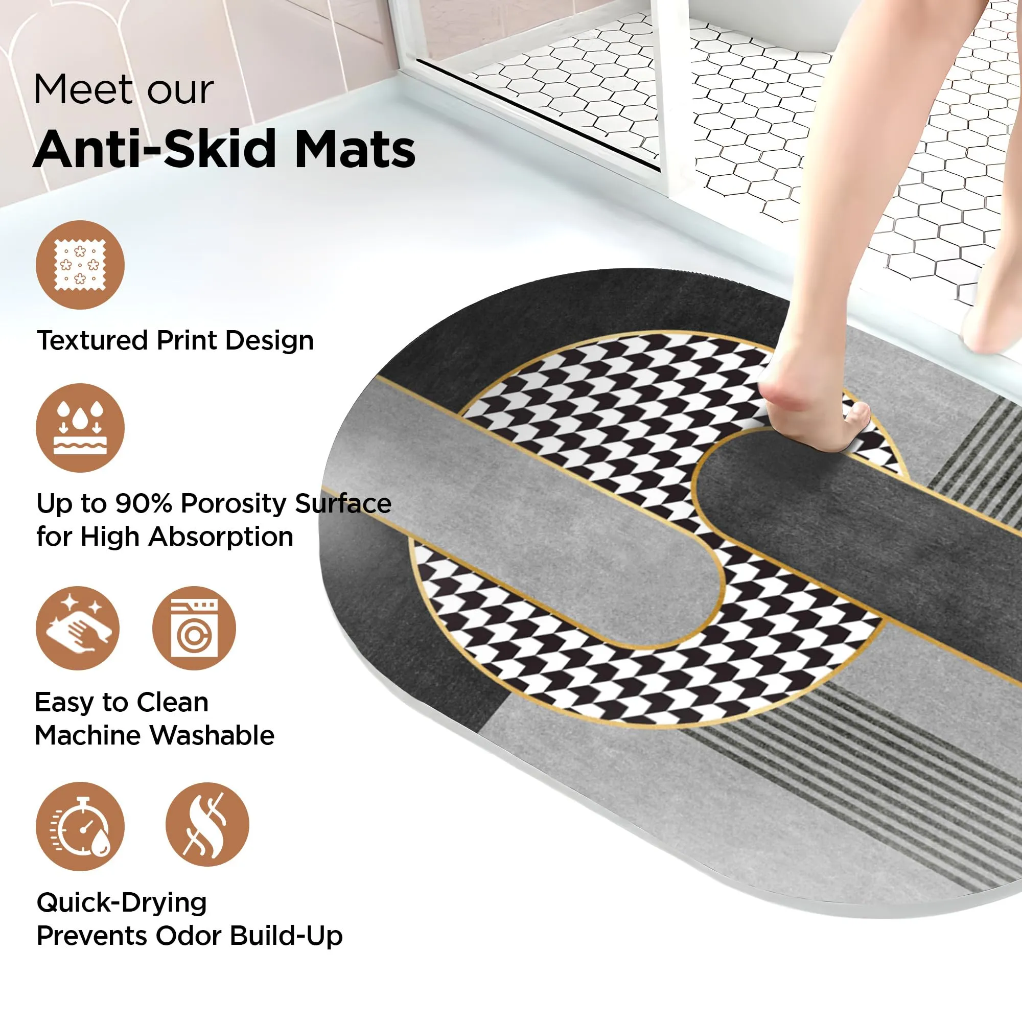 UMAI Polyester Non-woven Felt Bathroom Mat(40*60cm) Bath Mat | Anti Skid Mat for Bathroom Floor | Bathroom Accessories | Bathroom Mats Water Soak | Non Slip Mat for Bathroom | Floor Mat- Black & White