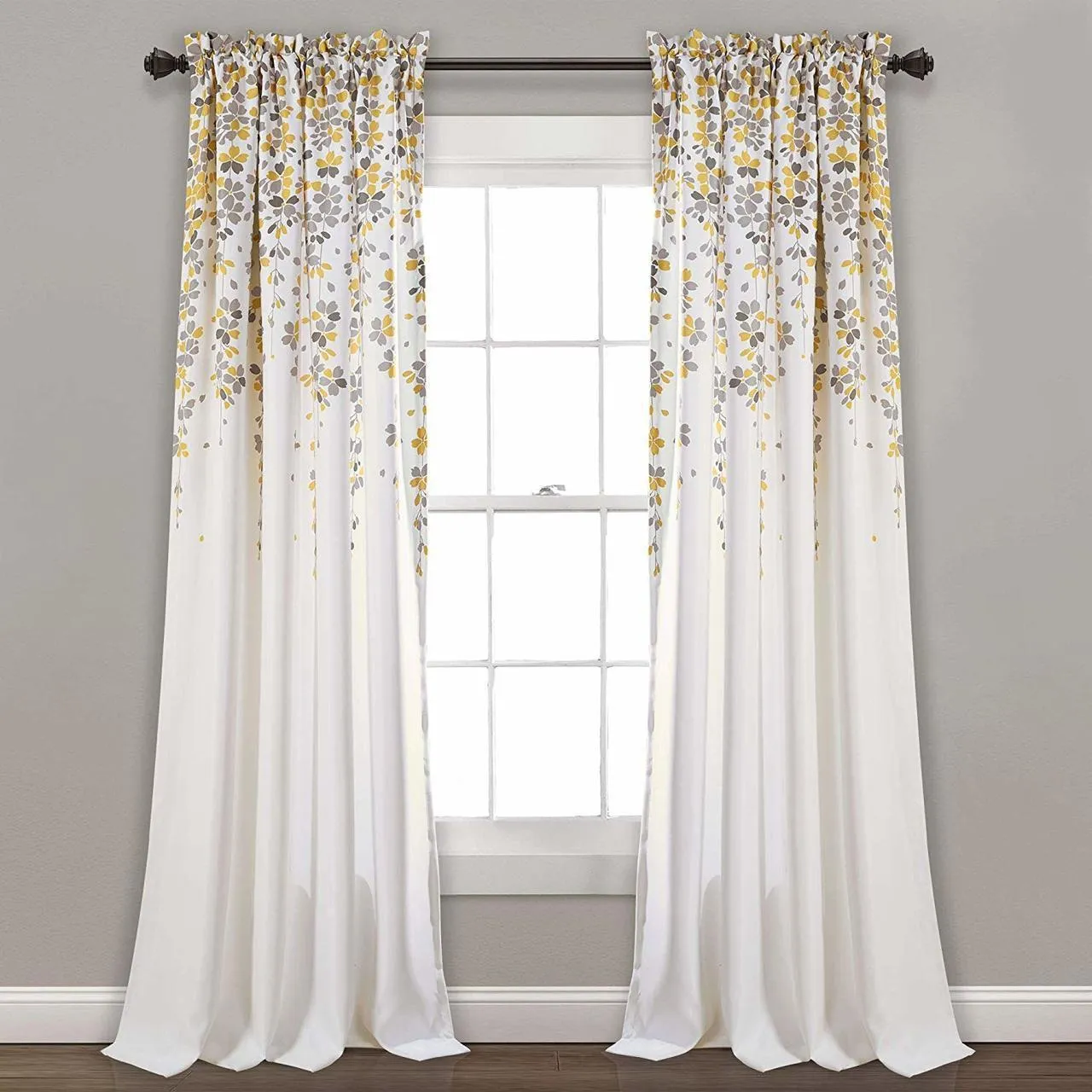 Weeping Flowers Room Darkening Curtain Panel Pair - 84 Inches Long - Yellow/Grey