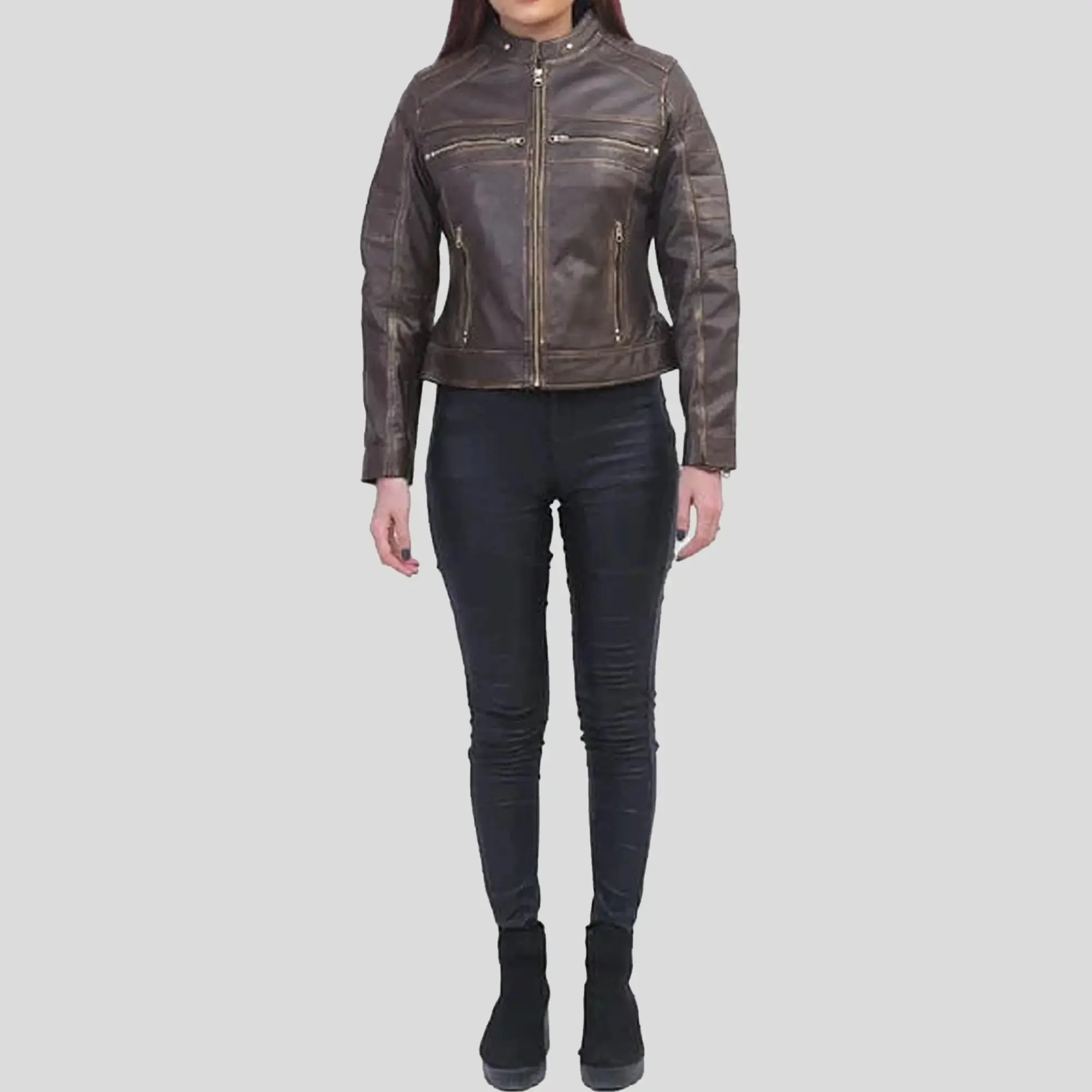 Women Slimfit Brown Cafe Racer Jacket