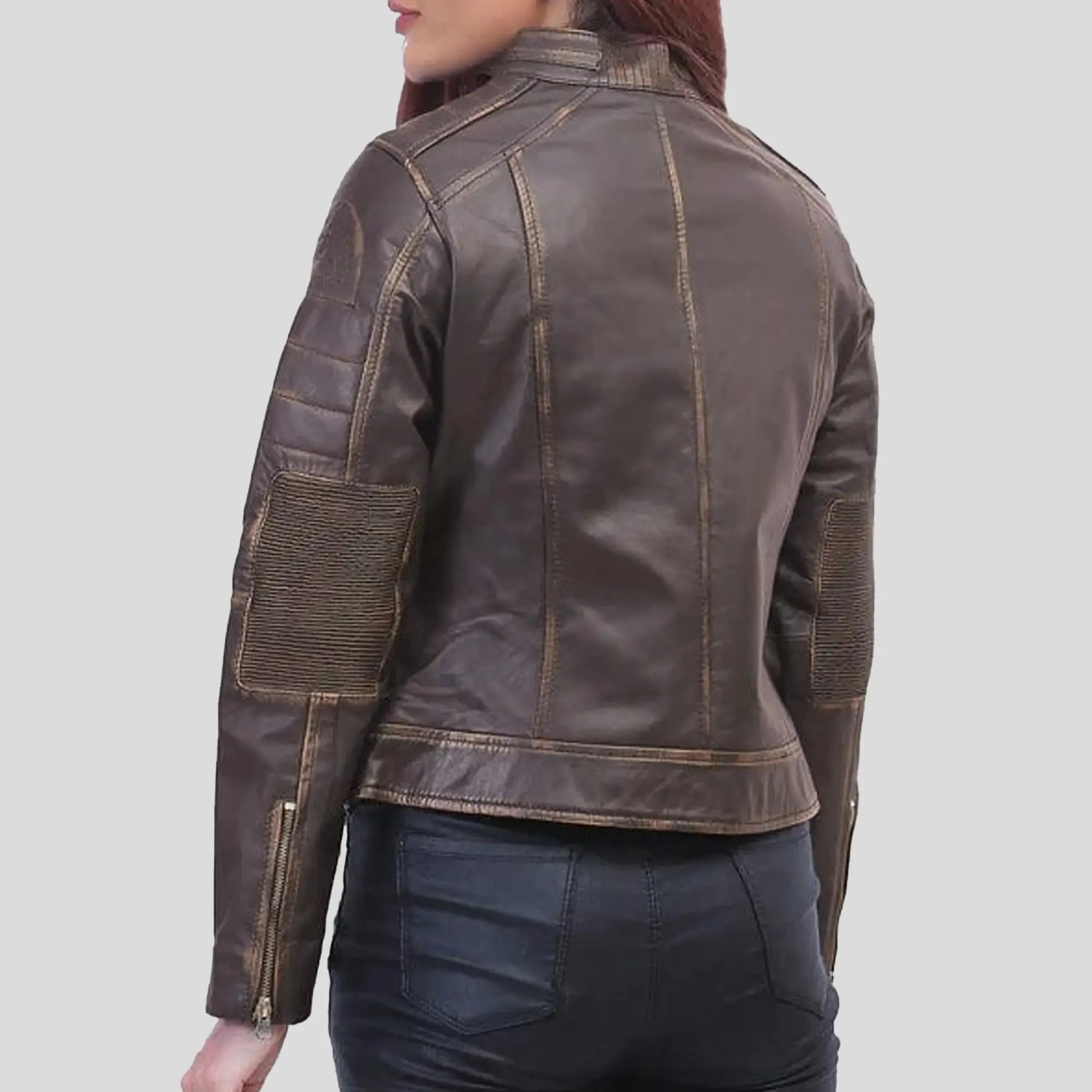 Women Slimfit Brown Cafe Racer Jacket