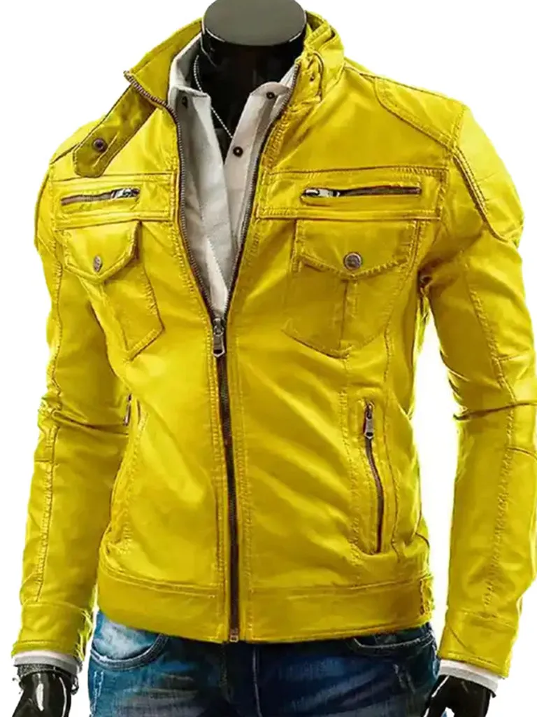 Yellow Biker Style Real Leather Jacket