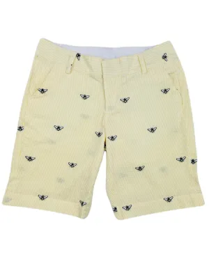 Yellow Women's Seersucker Bermuda Shorts with Embroidered Bees